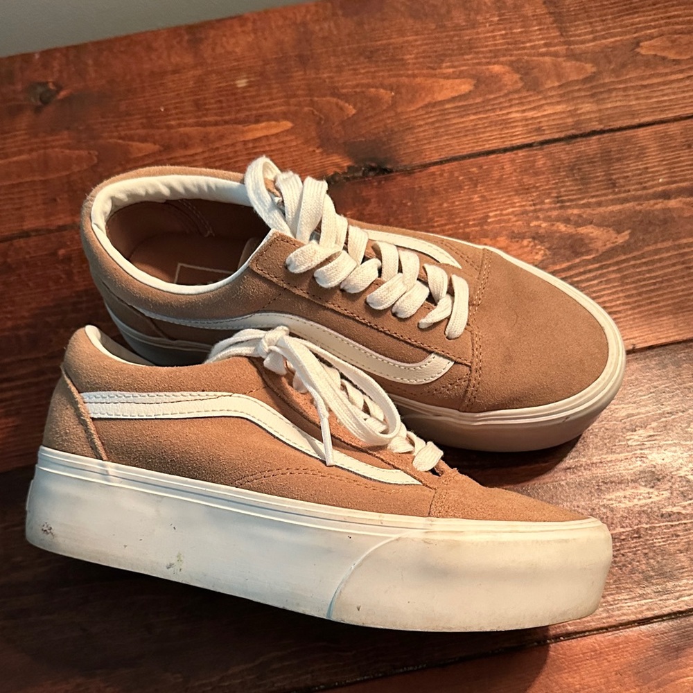 Vans Old Skool Platform Sneakers in Tan and White